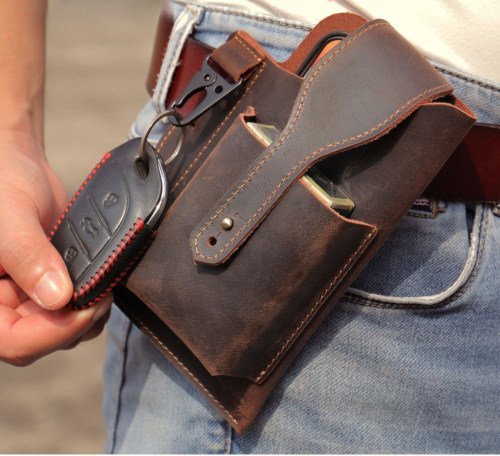 Edc Carry Bag For Men - Crazy Horse Leather Phone Holster for