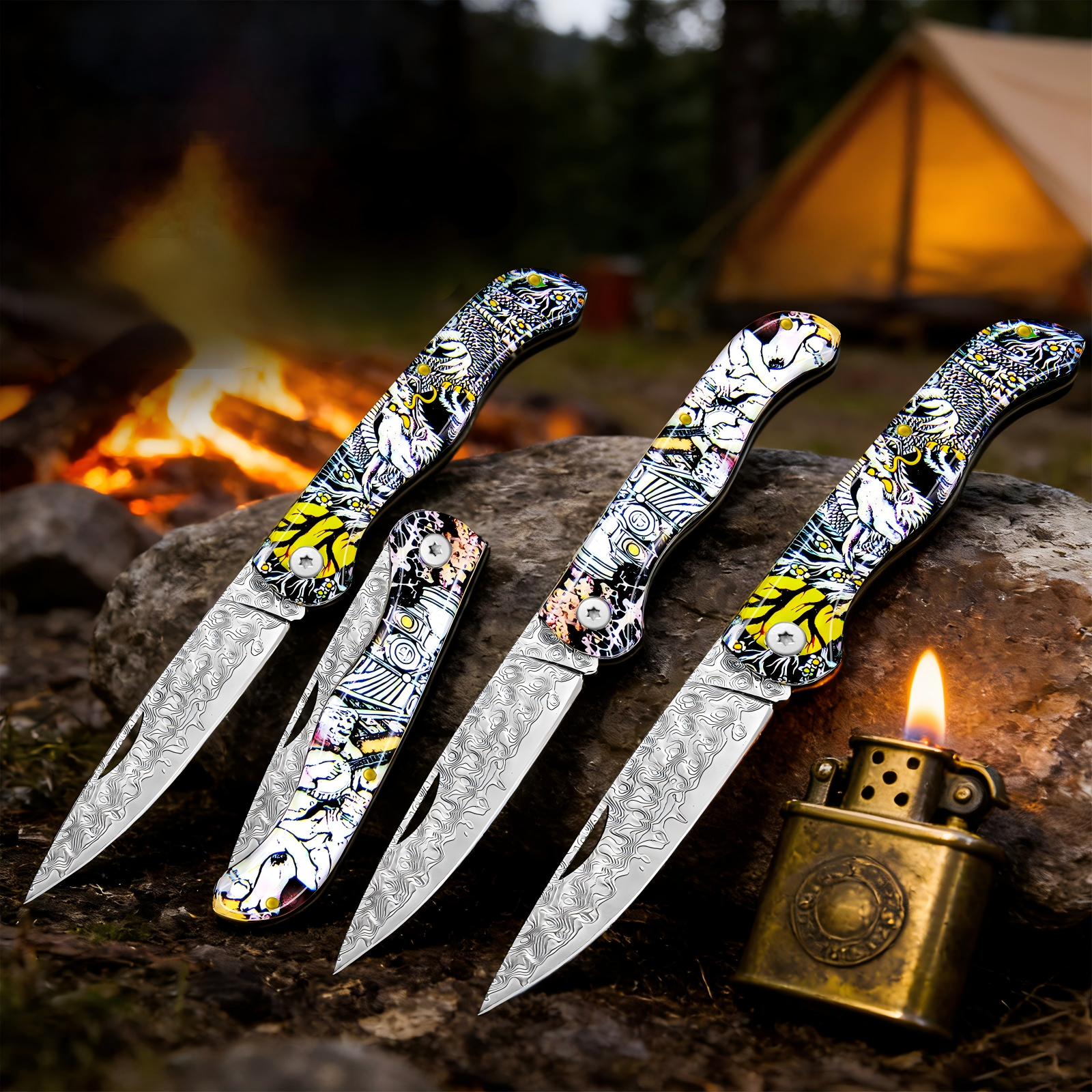 Edc Day Carry - Day Damascus pattern folding pocket knife,